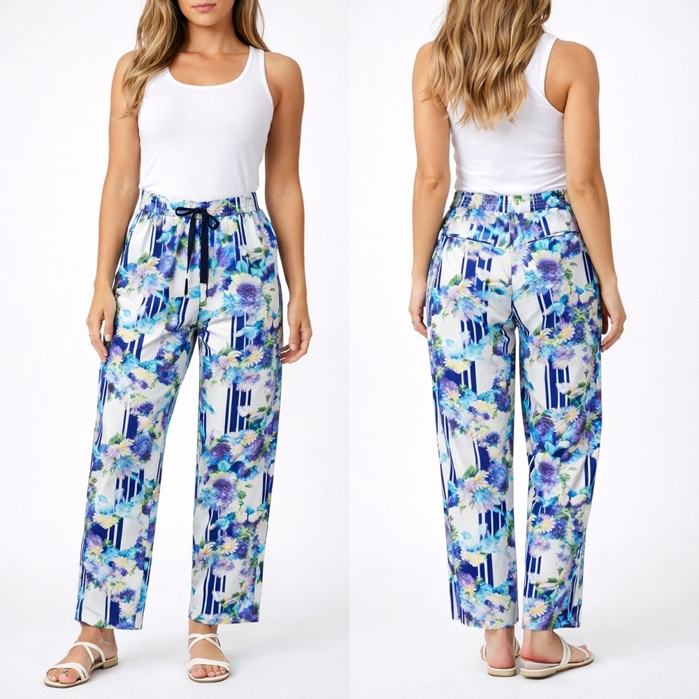J CREW Drapey Pull On Pants Womens 6 Blue White Floral Stripe Preppy Art Garden